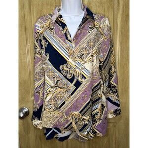 Chicos Shirt Blouse Sz 1  M Purple Gold Scroll Print 1/4 Button Long Sleeve Top